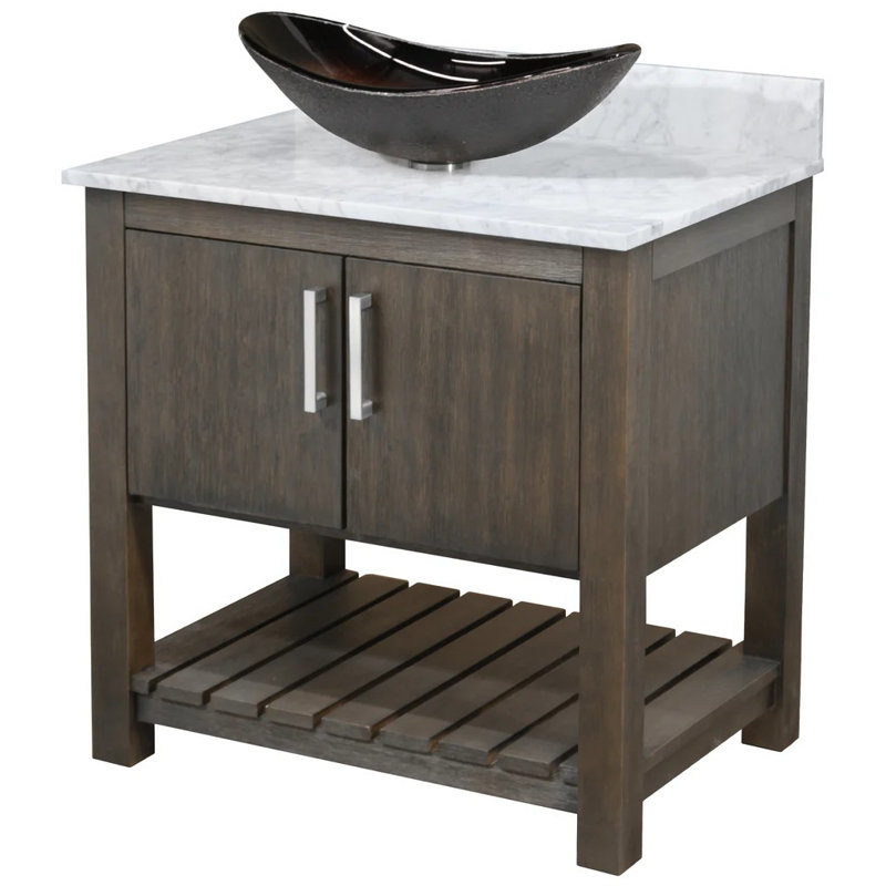 Meuble-lavabo 36 po avec comptoir et lavabo en marbre de Carrare, quincaillerie chromée et miroir, Chrome