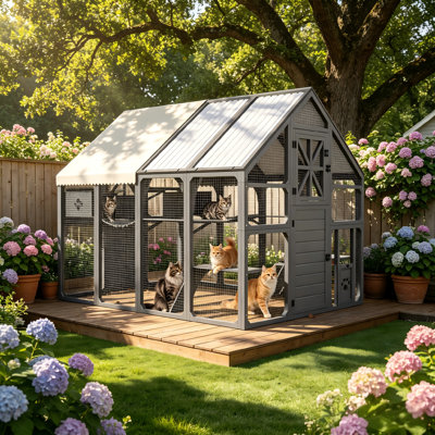 Extra Large Walk-in Outdoor Catio with Cooling PVC Roof & Insulated Houses, Multi-Level Cat Run