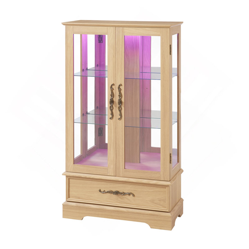 Lighted Glass Curio Display Cabinet With Adjustable Shelves - 2 Doors, 1 Drawer, LED Lights, Elegant Light Oak Finish