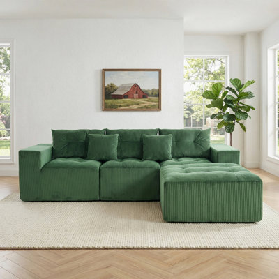 Canapé modulaire en forme de L de 101 po, canapé Cloud à 3 places confortable, tissu velours côtelé, avec repose-pieds mobile, ensemble de bricolage gratuit, adapté au salon, à la chambre à coucher et à l’appartement (vert)