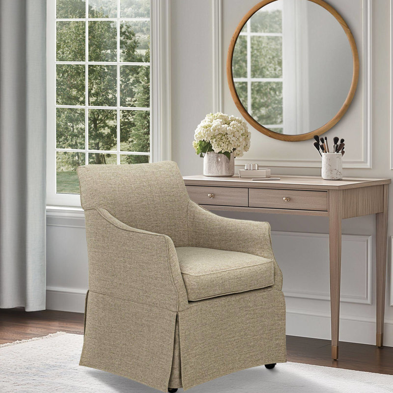 Chaise à accoudoirs entièrement rembourrée et à jupe beige avec accoudoirs rembourrés cachés et confortables pour la salle à manger, glissement en douceur discret, coussin de siège à double couche en mousse