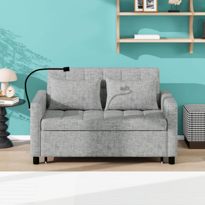 Canapé-lit convertible moderne de 56,9 po avec coussin de dossier réversible, poches latérales, deux ports USB et un support pour téléphone