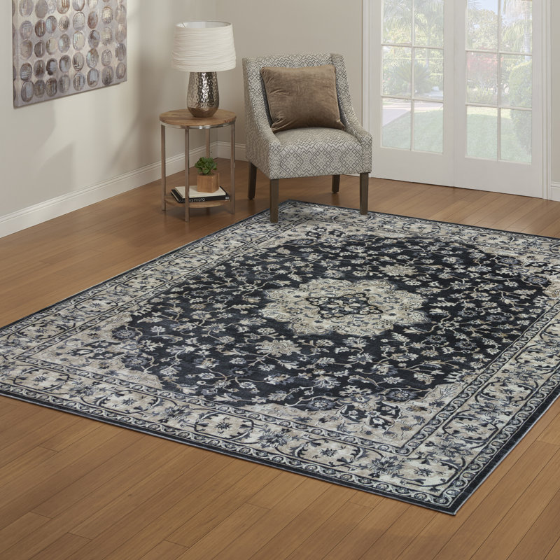 Laeh Lamar Navy/Grey Traditional Medallion Border Area Rug, Rectangle 8'9" x 13'1"