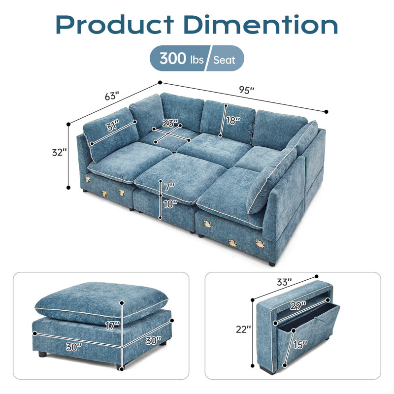 6-Piece Blue Chenille Modular Sectional, Blue