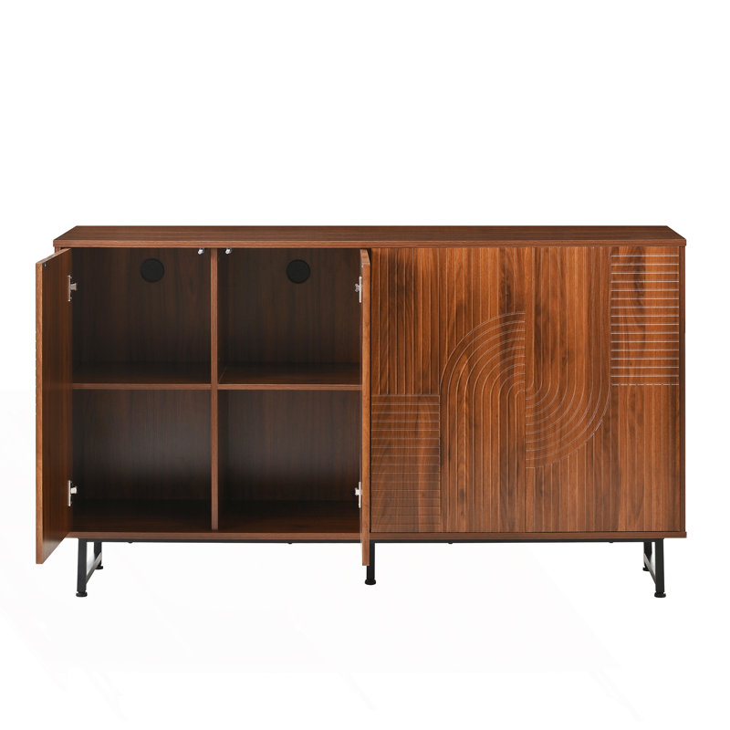 Buffet Mid-Century moderne, armoire de rangement géométrique sculptée avec pieds en métal