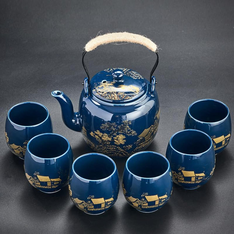 Service à thé japonais, service à thé glacé noir dans une boîte cadeau avec 1 théière, 1 passoire à thé, 1 plateau à thé et 6 tasses à thé. Service à thé idéal pour la maison de bureau, Services à thé asiatiques pour les amateurs de th?