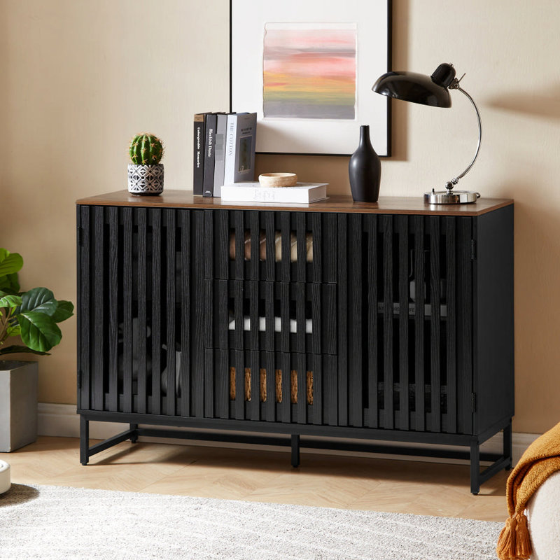 Commode de chambre moderne en noir avec 3 grands tiroirs et 4 tablettes en métal