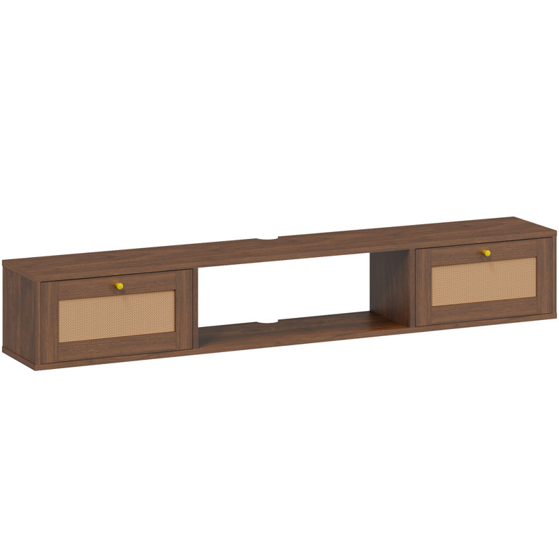 57-Inch Modern Rattan Floating TV Stand for TVs up to 80 Inches – Wall-Mounted Entertainment Center with Doors and Under-TV Storage, Caramel Oak