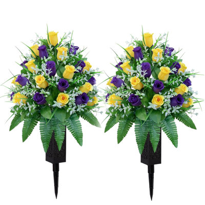 2 Bundles Vibrant Memorial Bouquet For Gravesite, Long-Lasting Headstone Decoration