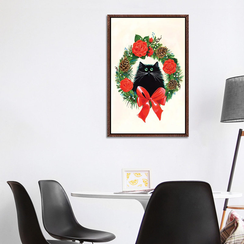 Black Cat In Rose Wreath by Kim Haskins - Print on Canvas, Classic Brown Wood Framed, 101.6 cm H x 66.04 cm W