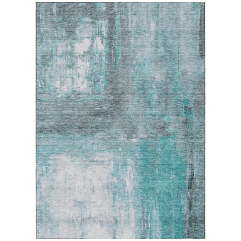Teal and Gray Abstract Washable Synthetic Rug, 2'6" x 3'10"