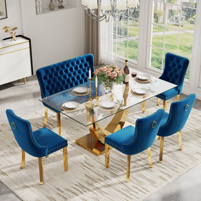 Table de salle à manger rectangulaire en verre trempé avec banc capitonné, table de salle à manger de luxe avec chaise capitonnée en velours pour salle à manger