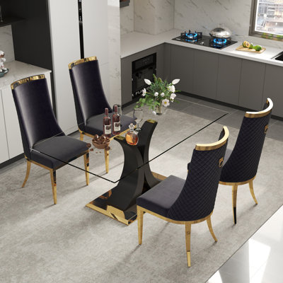 Luxtury Rectangle Tempered Glass Dining Table Set, Modern Dining Table with High Backrest Dining Chair for Dining Room