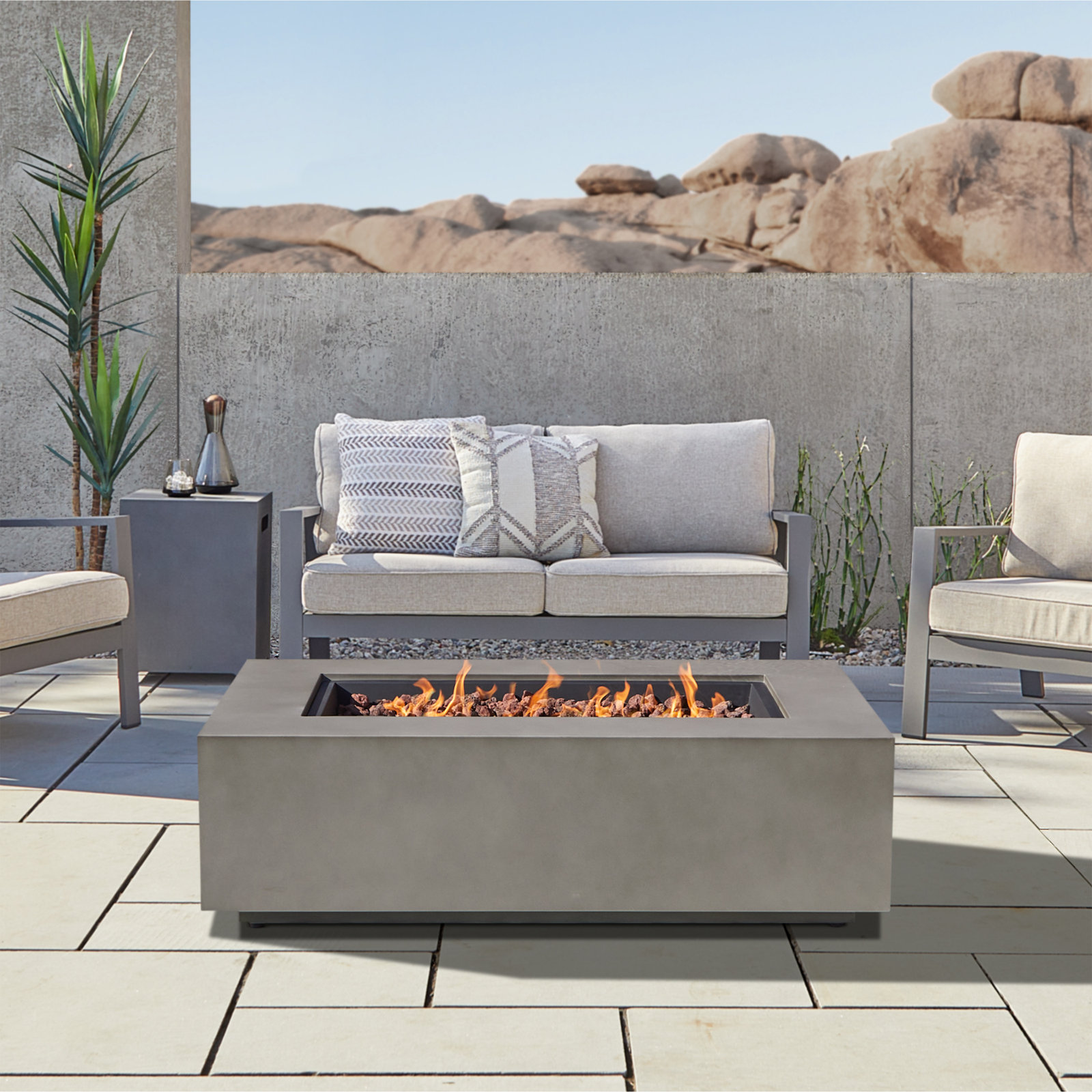 Aegean Fire Pit Table, Mist Gray, 15" H x 50" W x 32" D
