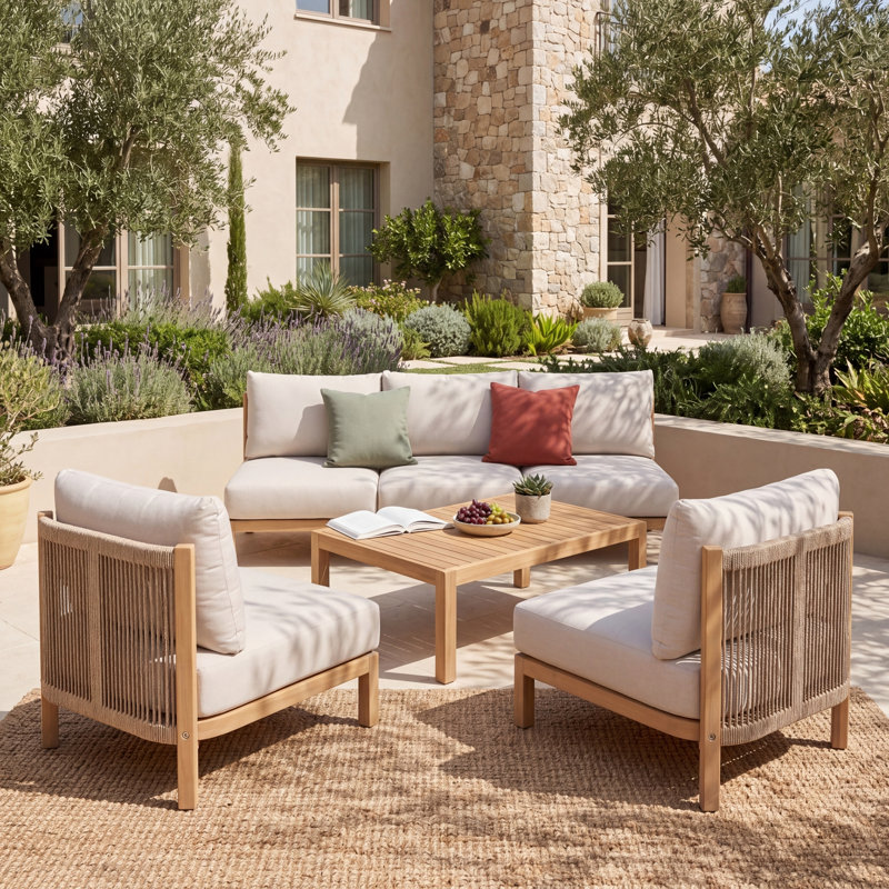 Ensemble de canapés de patio 4 pièces Modern, corde en bois d'acacia, patio spacieux