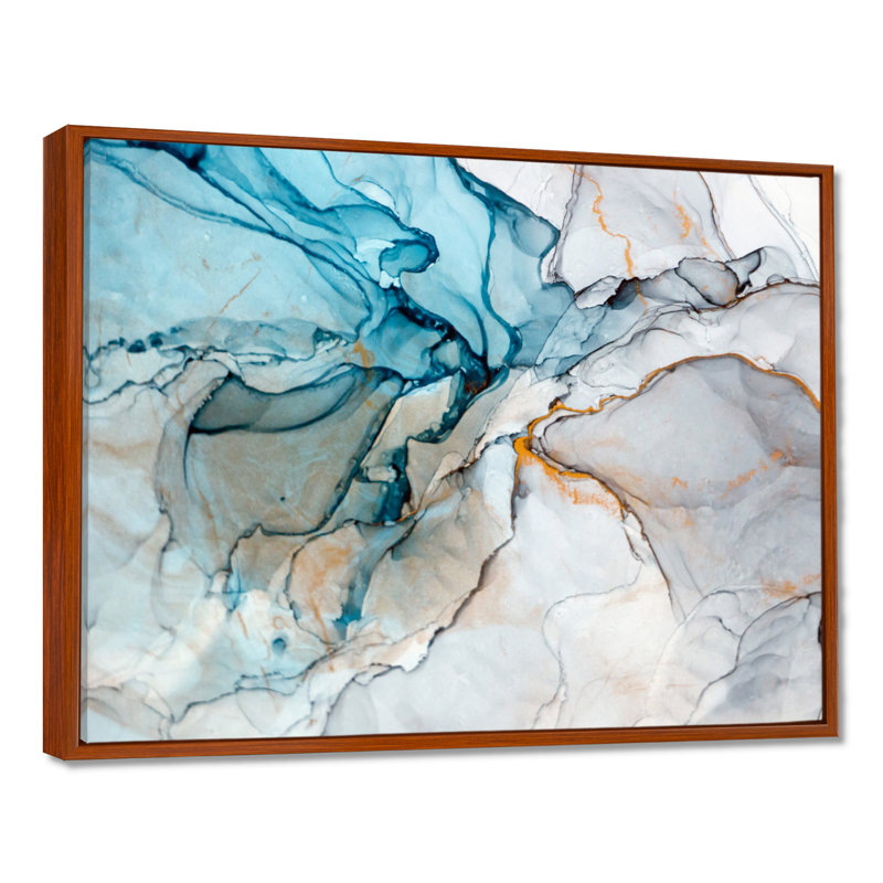 Luxry Blue and Grey Marble Art Ripples - impression sur toile, Reproduction avec cadre flottant, H 16 po x l 32 po, Brun