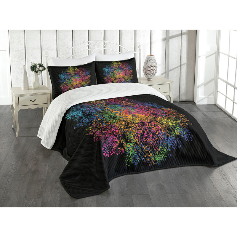Ambesonne Psychedelic Bedspread Set Design Graphic Multicolor, King Bedspread + 2 Standard Shams