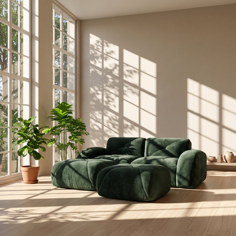 Canapé modulaire en L avec repose-pieds en velours capitonné l 86 po x P 43 po Aurelia, Green
