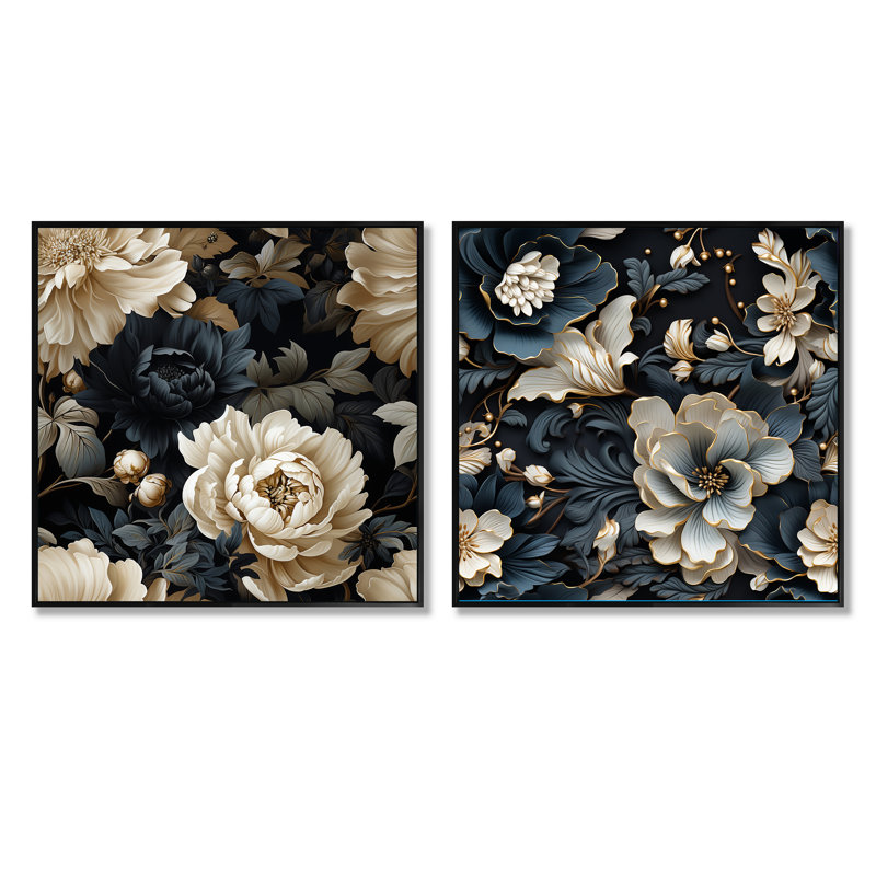 Ilyana - Ensemble de 2 collages carrés botaniques abstraits, Cadre flottant noir, H 16 po x l 33 po