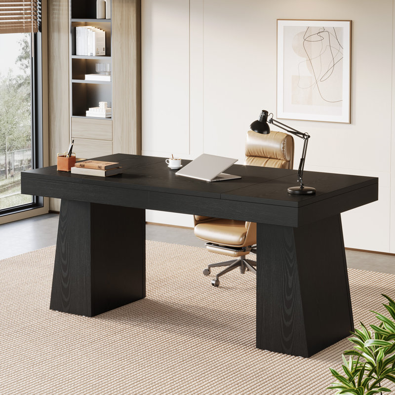 55" Modern Executive Desk, Wooden Office Computer Desk Conference Table with Double Pedestal for Home Office, Black
