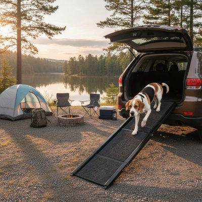 Large Folding Dog Ramp For Car, SUV, And Truck With Non-Slip Surface, Portable And Durable Pet Stair Ramps For Medium & Large Dogs, Up To 250LBS, Easy To Store And Carry