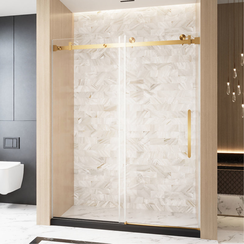 Single Sliding Shower Door 56 - 60 "w X 76" H For Bathroom, 6 Mm Clear Tempered Glass, Proof Film, Stainless Steel Square Tube Track, Brushed Gold Finish, 4.8cm Wheels Smooth And Stable Function,