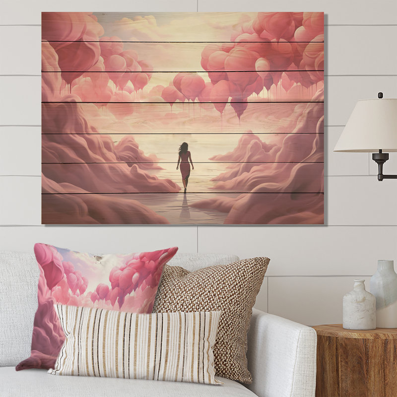 Ballon à air rose et blanc Solitude II - Paysage abstrait sur bois, H 24 po x l 32 po x P 0,78 po