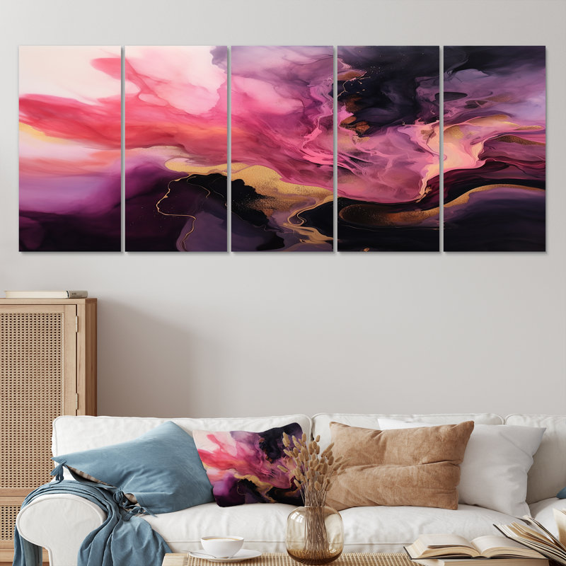 5 pièces d'art mural foncé en marbre magenta foncé pour le salon, H 32 po x l 80 po