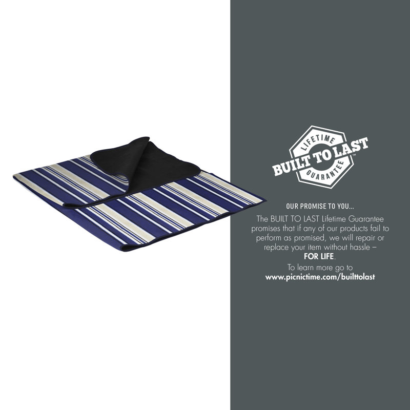 XL Outdoor Water-Resistant Picnic Blanket Tote, Blue Stripe Pattern with Navy Flap