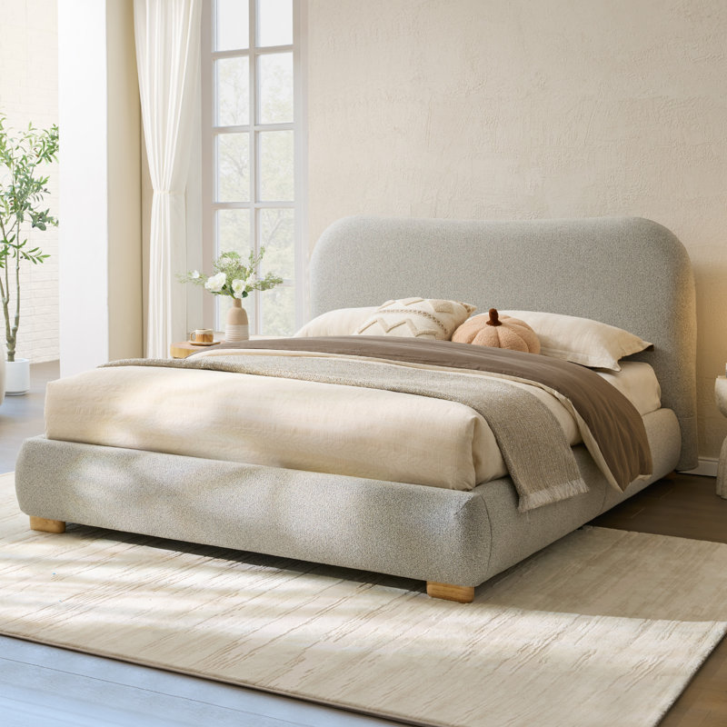 Modern Upholstered Platform Bed with Curved Headboard and Rounded Footboard, Light Gray, Queen