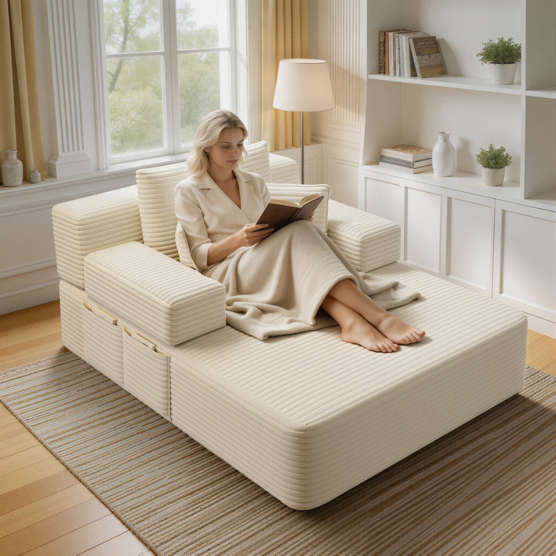 Canapé-lit de 60,2 po en velours côtelé pour l'intérieur, Beige White