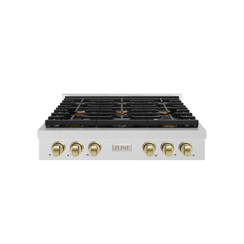ZLINE 36 in. Autograph Paramount Gas Rangetop in DuraSnow® Steel w/ Bronze Accents, Satin Stainless Steel/Champagne Bronze
