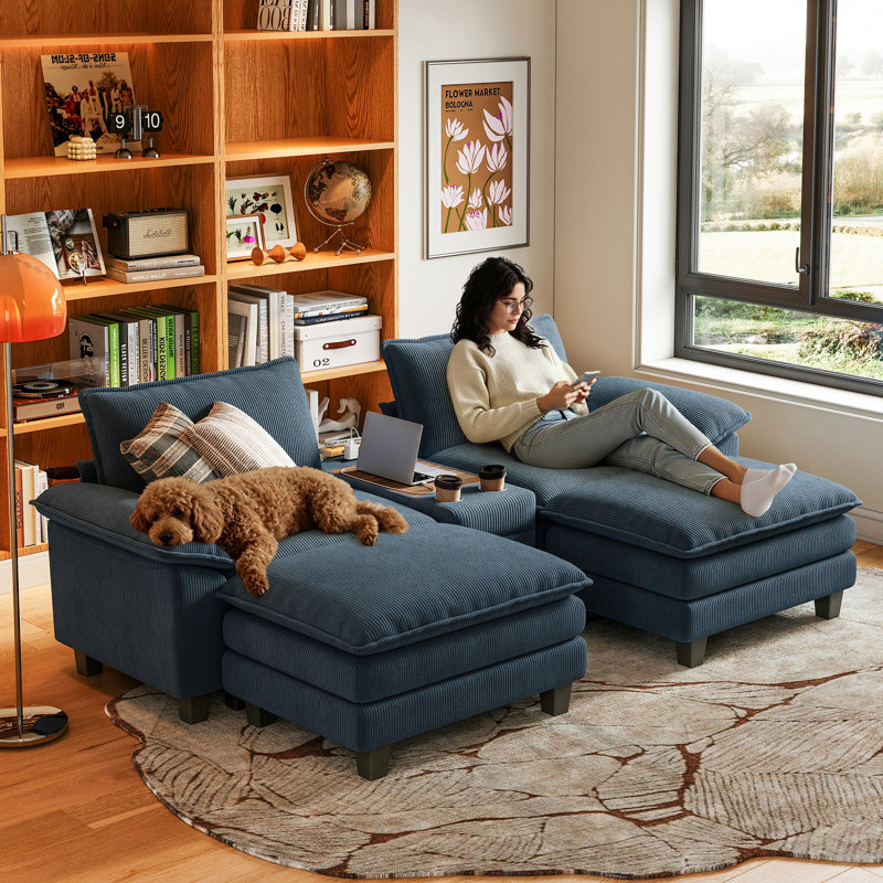  Colbey 105" Modular Cloud Sleeper Sofa with Console Table & Two Otomans, Elio Navy Corduroy
