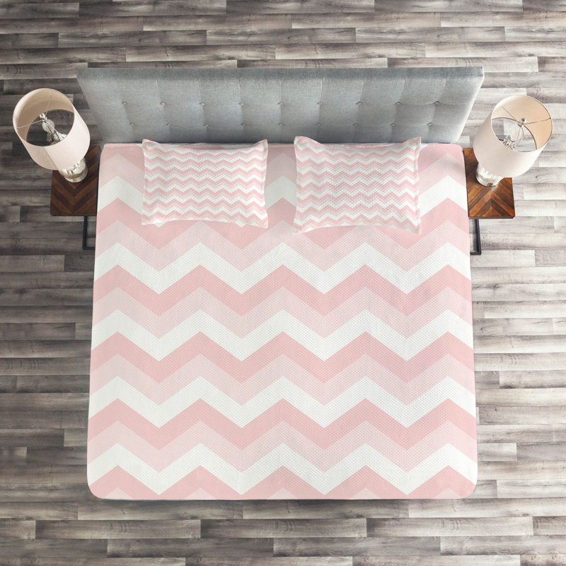 King Size Pink and White Chevron Quilted Bedspread Set