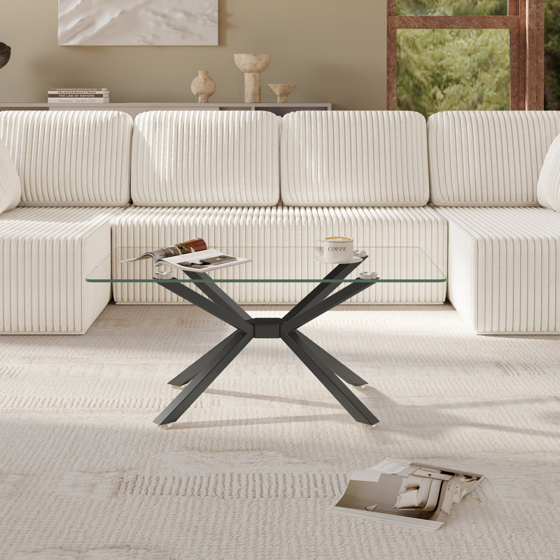 Modern Rectangle Glass Coffee Table With Tempered Glass Top And Metal Legs, Clear, Black