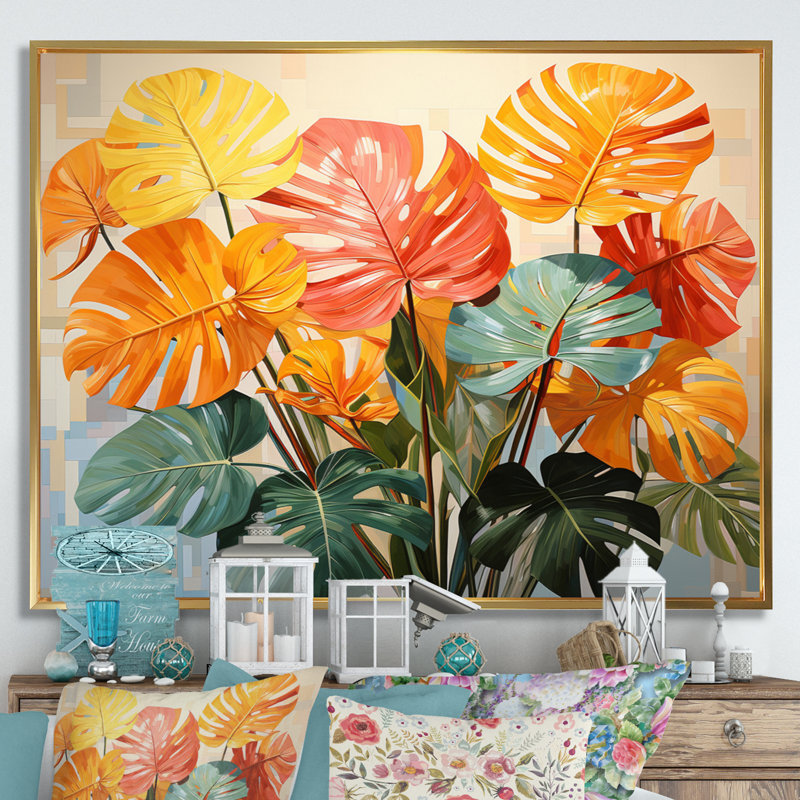 «Orange Green Tropical Plants I» sur toile, H 12 po x l 20 po x P 1 po, Cadre flottant doré