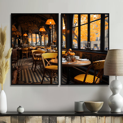 «France Parisian Cafe Charm II», reproduction d'art jaune sur toile à 2 panneaux