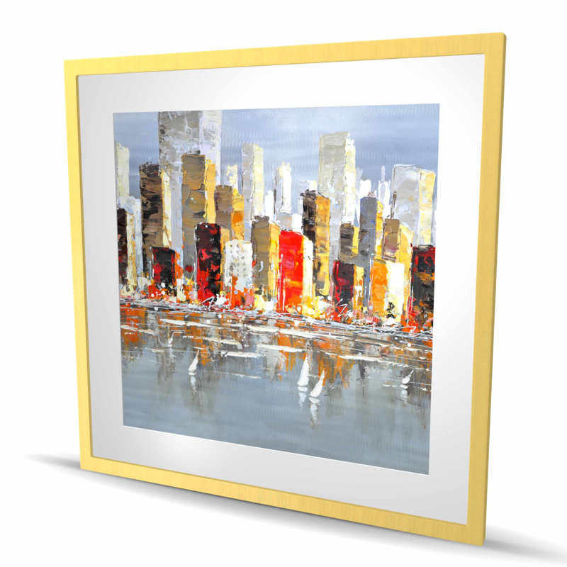 Colourful Buildings with Water Reflection - Grey Framed Print, 36" H x 36" W