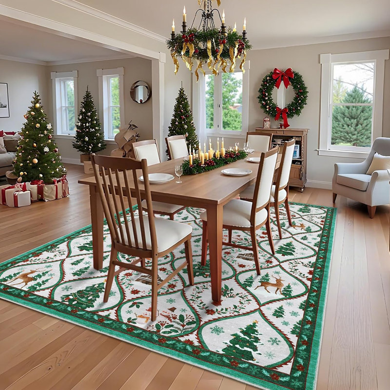9x12 Washable Christmas Area Rug, Non-Slip Thin Decorative Carpet, Soft Foldable Holiday Accent Rug for Living Room, Bedroom, or Dining Room – Red