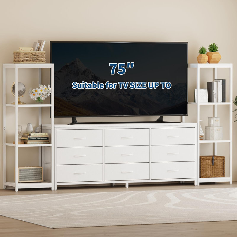 TV Stand for 75 Inch TV, Entertainment Center with LED Lights & Power Outlets, Modern TV Media Console with 9 Drawers and Bookshelves for Living Room
