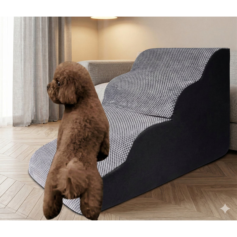 Curved Four-Step High-Density Foam Pet Stairs for Small Dogs, 19 Inches High for Bed Access, Features Non-Slip Base and Removable Washable Cover