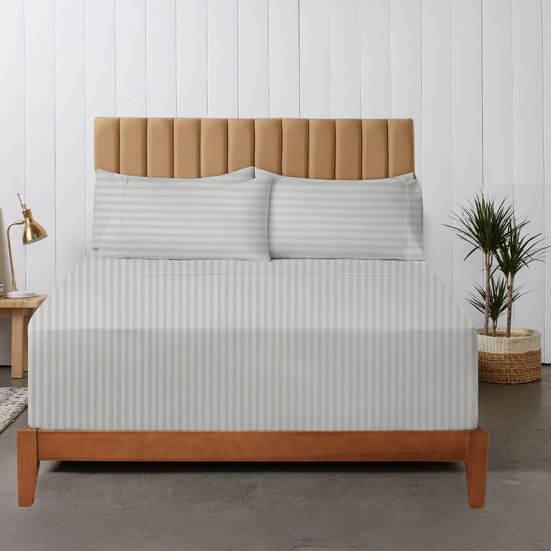 200 Thread Count Striped Microfiber Fitted Sheet, Double (4'6), Silver
