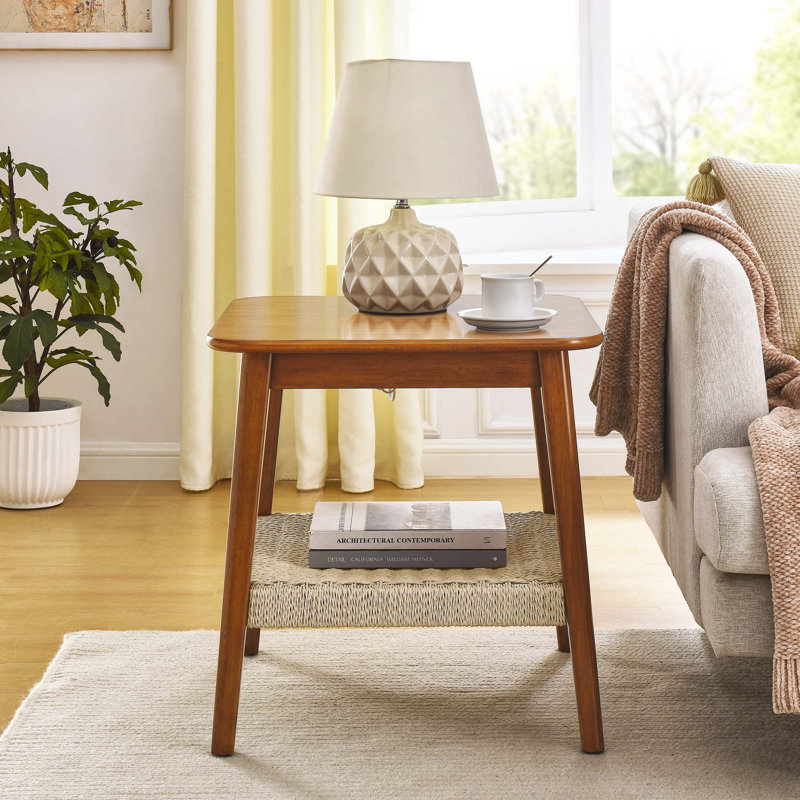 23" Mid-Century Side Table With Woven Shelf, Boho Side Table With Storage