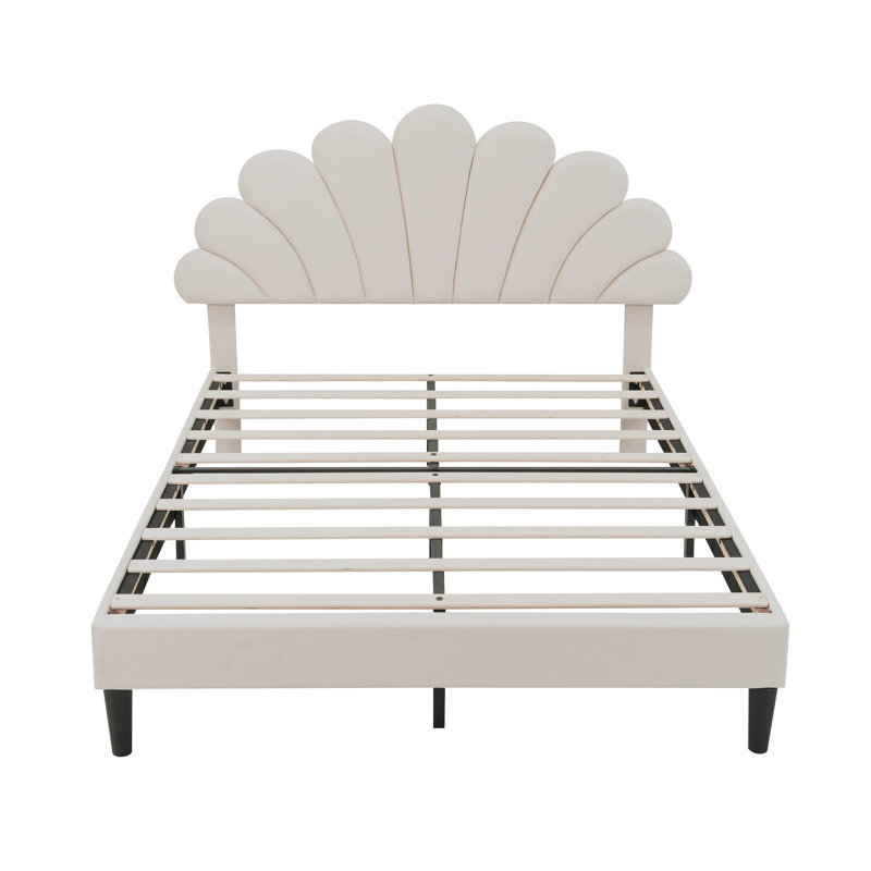 Adreon 135*190cm Double Upholstered Velvet Bed Frame, with Adjustable Chic Petal Headboard, Beige