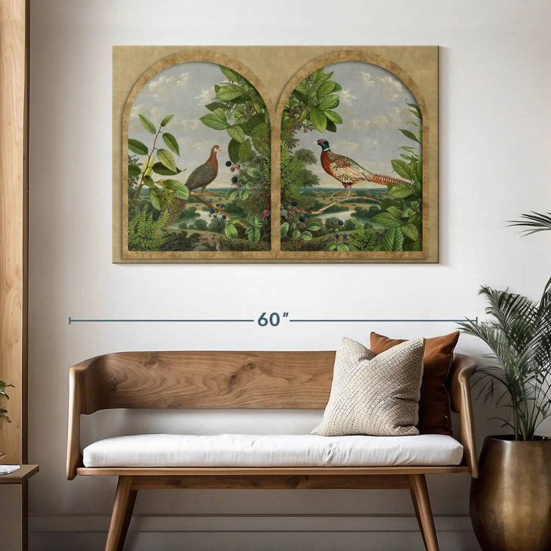 Fenêtre antique avec oiseaux nordiques, H 32 po x l 48 po