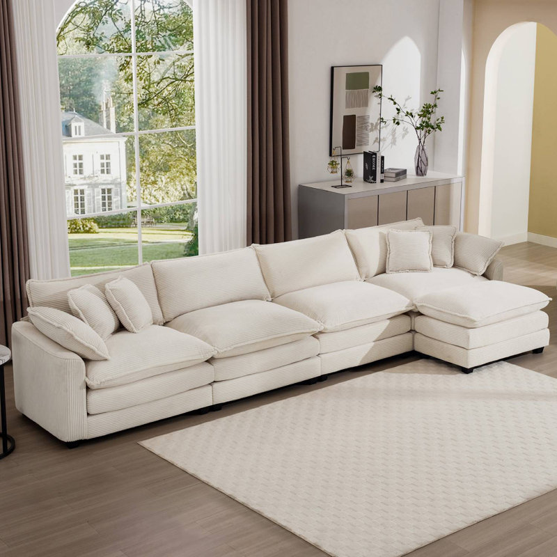 Canapé avec un repose-pieds, H 33,85 po x l 150,38 po x P 34,25 po, Velours côtelé beige