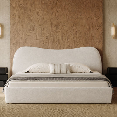 Modern Bouclé Upholstered Platform Bed , Wooden Slats, No Box Spring Needed,  Easy Assembly ,White