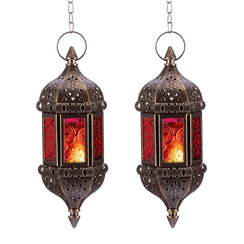 2 porte-lanternes de bougie décoratives hexagonales marocaines, porte-bougie chauffe-plat fait à la main en métal bronze et verre rouge et mauve