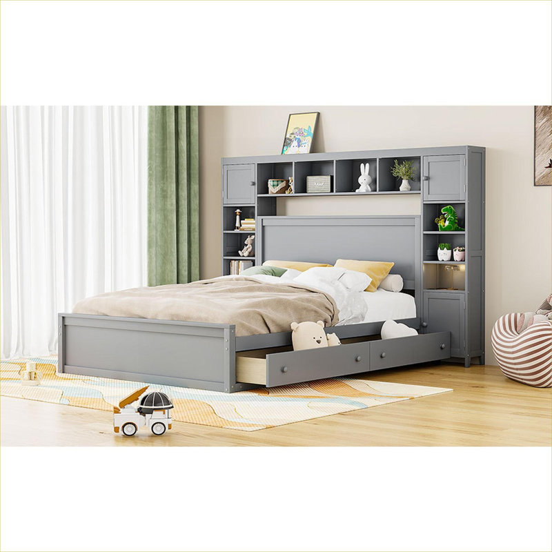 All-In-One Storage Solid Wood Queen Bed Frame With Cabinets, Shelves and Built-in Sockets, Cool Grey