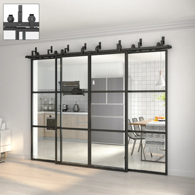 JUBEST Bypass Metal and Clear Glass Barn Door with Installation Hardware Kit and Soft Close